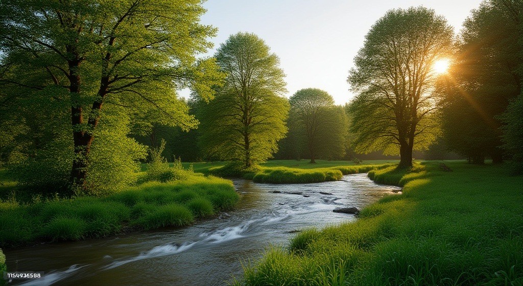 Sunlit river winding through a green forest at golden hour