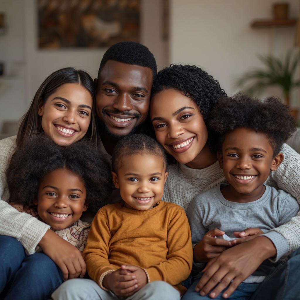 Happy family of six smiling together in a warm indoor setting