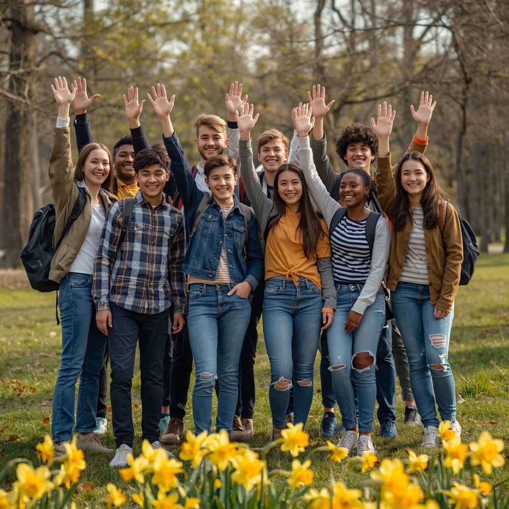 Diverse group of students waving in a sunny park with spring flowers